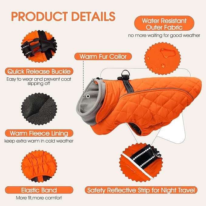 Dog Coat with Harness Built in -Orange,XS- Fleece Lined Dog Snow Jacket Snowsuit，Adjustable Reflective Winter Warm Cold Weather Coat