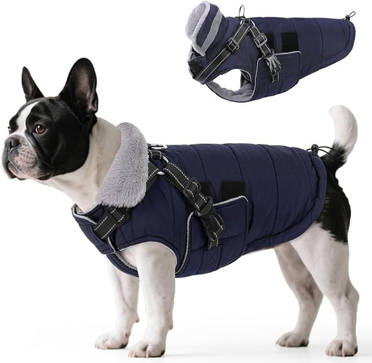 Queenmore Small Winter Dog Coat with Harness Built-in, Waterproof Winter Jackets for Small Dogs, Puppy Warm Puffer Jacket for Snow/Cold Weather - Fleece Reflective Easy On Velcro Closure, Navy S