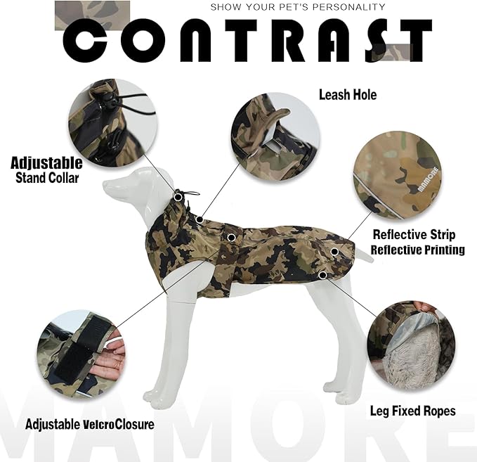 Waterproof Dog Raincoat with Reflective Strip, Adjustable Breathable Rain Coat Jacket with Leash Hole for Dogs (Camo, XXX-Large)