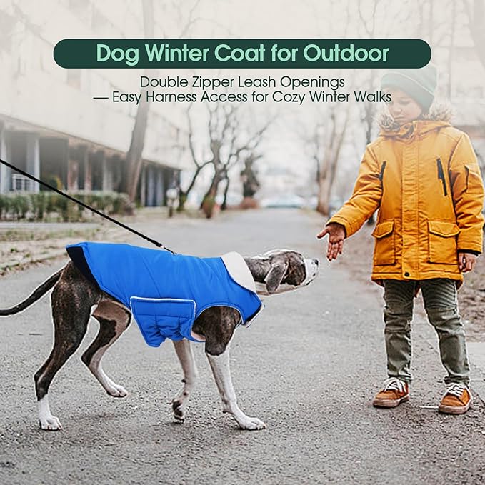 Kuoser Dog Coat Large, Cold Weather Reflective Waterproof Dogs Jacket with Warm Fleece Lining, Turtleneck Dog Winter Coat with Zipper, Doggy Snow Jacket Pet Coats for Small Medium Large Dogs, Blue 2XL