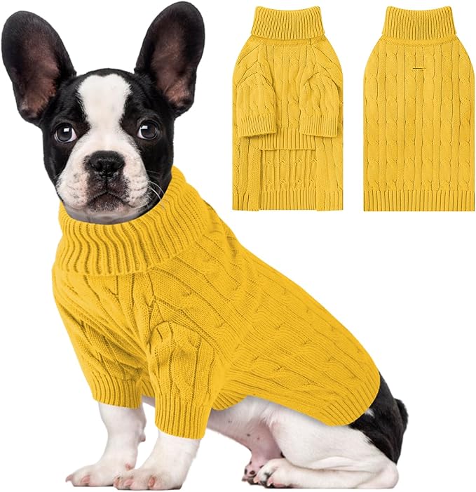 Small Dog Thermal Pullover Sweater, Classic Turtleneck Cable Knitwear Dog Clothes for Cold Weather Warm Pet Clothes for Chihuahua, Bulldog, Dachshund, Pug Yellow Large