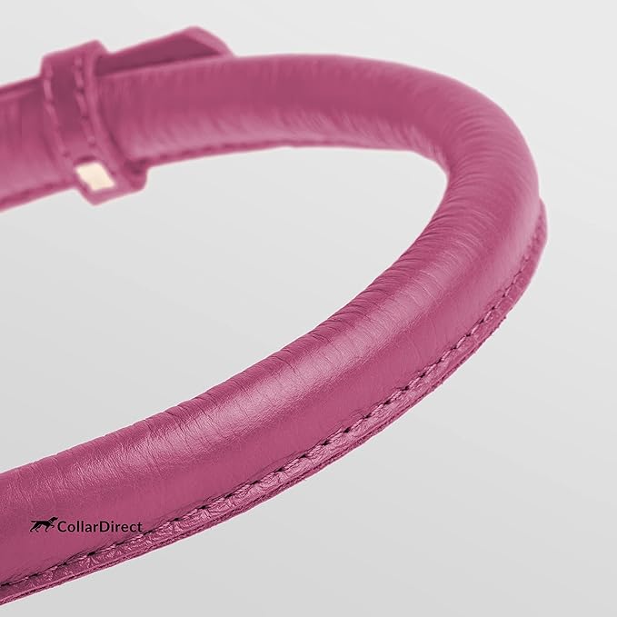 CollarDirect Rolled Leather Dog Collar, Soft Padded Round Puppy Collar, Handmade Genuine Leather Collar Dog Small Large Cat Collars 13 Colors (13-16 Inch, Pink Textured)