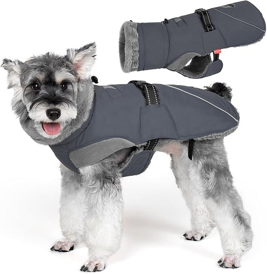 KYEESE Waterproof Dog Coat, Windproof Winter Jacket with Thick Fleece Lining, Extra Warm Turtleneck Dog Coats for Medium Dogs with Leash Hole and Reflective Design, Gray, X-Large