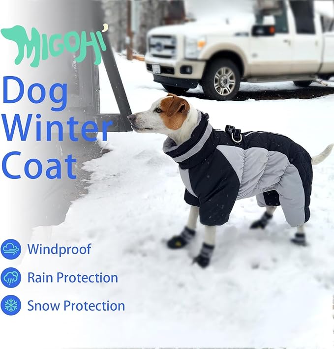 MIGOHI Full Body Dog Coat - Warm Reflective Large Dog Winter Coat with Harness,Turtleneck Fleece Jacket for Dogs,Four-Leg Windproof Puffer Jackets Snowsuit with Zipper for Small Medium Large Dogs,XL