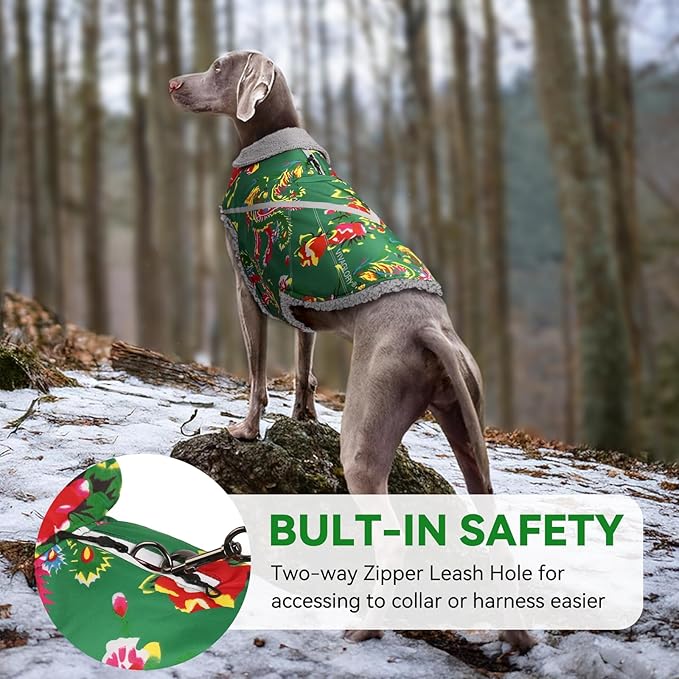 VIVAGLORY Snowrap Dog Coat, Jacket with Harness Hole & Velcro Closure, Dog Coat for Winter & Cold Weather, Fluffy Warm Fleece Lined Reflective Water Resistant for Puppy, XXS, Northeast Florals-Green
