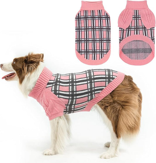 SCENEREAL Turtleneck Dog Sweater for Small Medium Large Dogs Girls Boys, Christmas Plaid Pullover Puppy Sweatershirt, Dogs Cold Weather Outfit Clothes, Ideal Gift for Pet in New Year, Pink Plaid L