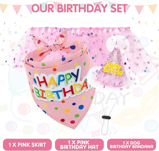SCENEREAL Dog Birthday Bandana with Hat and Dress Girl Set, Puppy Birthday Party Supplies, Cute Pink Tutu Skirt Outfit for Small Medium Large Dogs