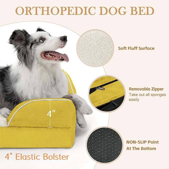 Comfort Expression Orthopedic Dog Bed for Medium Dogs 30x20 Inch, Waterproof Egg Crate Foam Medium Pet Bed with Removable Bolsters, Dog Couch with Washable Cover & Non-Slip Bottom, Spicy Mustard