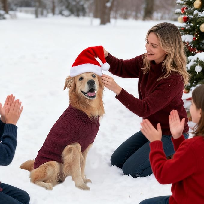 Mihachi Turtleneck Dog Sweater - Winter Coat Apparel Classic Cable Knit Clothes with Leash Hole for Cold Weather, Ideal Gift for Pet in New Year Wine Red ML