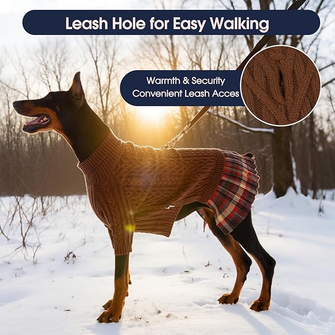 IECOii Girl Dog Sweater Dress - Cable Knit Dog Sweater for Small Dogs Girl - Caramel,Medium, Turtleneck Pullover Sweaters with Tartan Plaid Skirt, Adorable Warm Dog Knitted Dress for Christmas