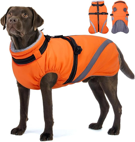 BRKURLEG Dog Winter Jackets for Large Dogs, Dog Coat with Harness Built in, Dogs Snowsuits with Zipper, Waterproof Windproof Pet Puffer Jacket Fleece Vest for Labrador, Dalmatian, Orange XXL