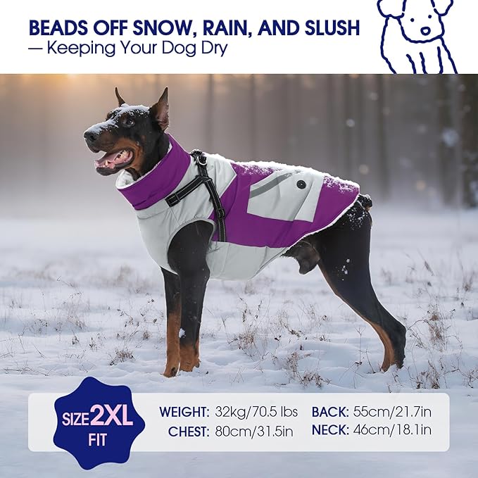 FUAMEY Dog Winter Jackets for Large Dogs,Dog Coat with Harness Built in,Waterproof Dogs Snowsuits Warm Pet Jacket Zip Up Fleece Cold Weather Coats Reflective Puppy Vest with Pocket Purple 2XL