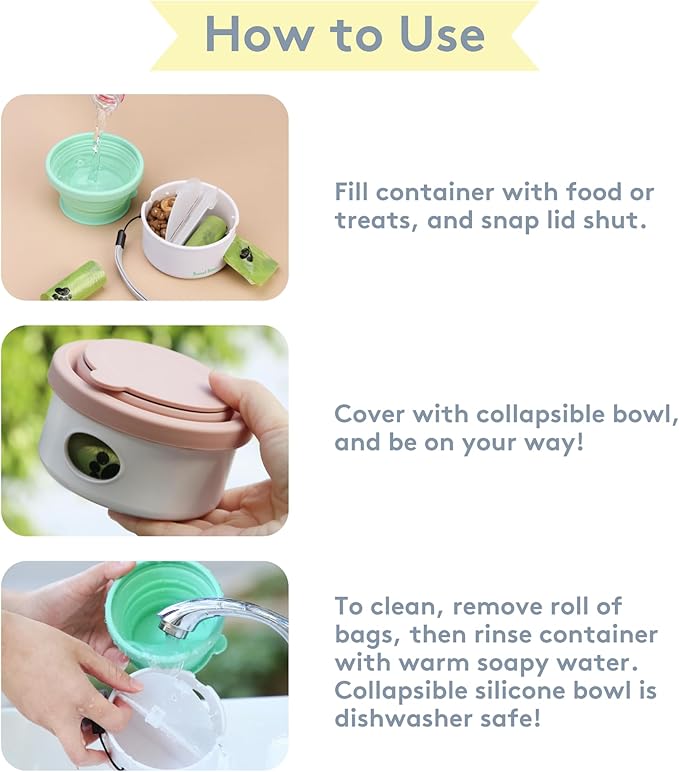 Sweet Paws Travel Hero 3-in-1 Portable Pet Food Container, Silicone Water Bowl, and Poop Bag Dispenser in One, Glacier