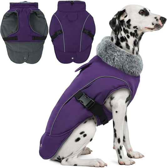 DENTRUN Dog Winter Coat - Windproof Reflective Jacket, Plush Turtleneck & Adjustable Belt, Water Repellent Fleece Lined Cold Weather Vest for Corgi Bulldog, Purple, L