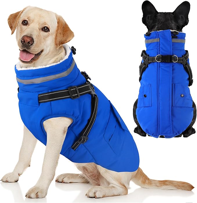 Dogcheer Dog Coat with Harness, Waterproof Warm Dog Winter Jacket with Pockets, Reflective Pet Fleece Jacket Turtleneck Snowsuit for Small Medium Large Dogs - Blue, XL