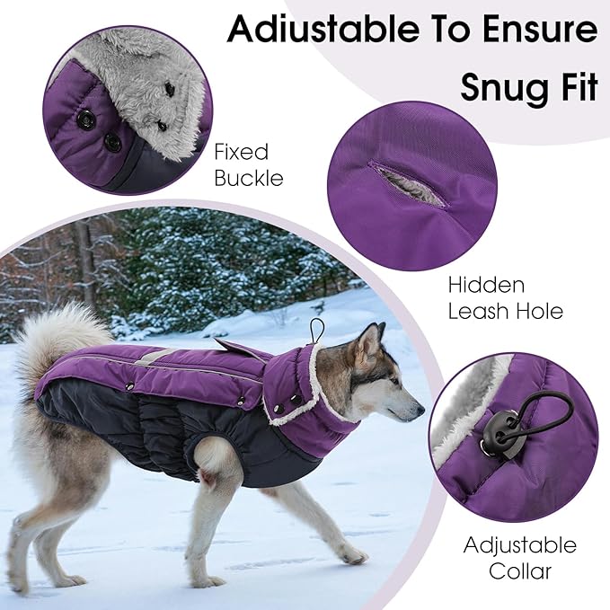 Queenmore Warm Fleece Dog Jacket - Cold Weather Waterproof Snow Coat With Leash Hole, Reflective Turtleneck Snowsuit for Small Medium & Large Dogs (Purple, 2XL)