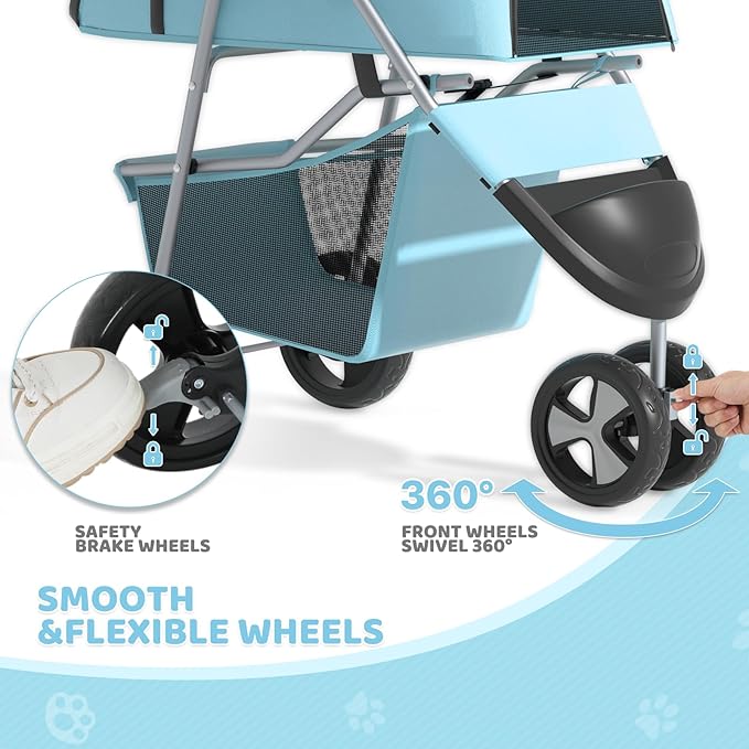 Magshion 3-Wheel Pet Stroller, Foldable Travel Jogger for Small & Medium Dogs & Cats (Up to 33lbs), Lightweight Carrier with Breathable Mesh Cover, Cup Holder & Storage Basket, Mint Green