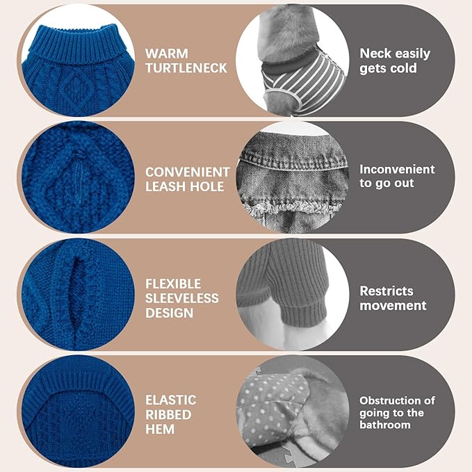 BINGPET Thermal Knitted Dog Sweater for Small Medium Large Dogs,Winter Dog Cat Coat Warm Sweartershirts Outfits,Classic Cable Knit Turtleneck Pullover Dog Jumper Coat Warm Sweartershirts(Blue,ML)