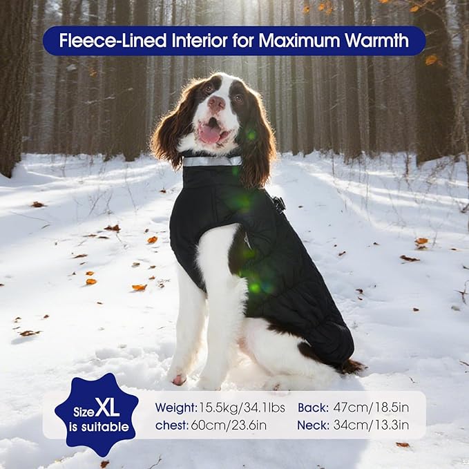 FUAMEY Dog Coat for Small Dogs,Waterproof Dog Winter Jacket with Harness Built in Puppy Cold Weather Coats Reflective Pet Vest with Zipper Warm Fleece Dogs Snowsuit Windproof Solid Black XS