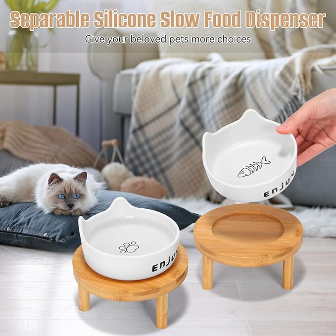 3PCS Elevated Cat Bowls,Wide Raised Ceramic Pet Dishes with Bamboo Stand, Whisker Friendly Pet Water or Food Plates Feeding Station for Indoor Small Dogs, Kitten (White(1PCS))