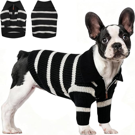 Small Dog Sweater with Zipper, Knitted Striped Pullover Dog Clothes for Cold Weather, Thick Warm Cozy Stretchy Sweater for Chihuahua, Bulldog, Dachshund, Pug(Black & White Strip, XXL)
