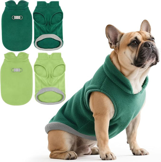 Idepet 2 Pack Dog Fleece Vest Sweater Warm Pullover Jacket with D-Ring Leash Reflective Winter Coat Hoodie for French Bulldog Pug Chihuahuas Yorkies Dachshunds(Dark Green&Grass Green,Large)