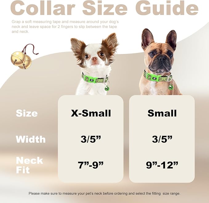 XXS-XS Dog Collar with Bell Reflective - Adjustable Tiny Small Breed Collar for Girl Boy Chihuahua Puppies, Night Walk Safety Accessory（Green XS）