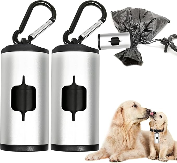 Metal Dog Poop Bag Holder Aluminum Dispenser for Leashes, Hiking & Travel, Lightweight Scratch-Resistant with 3 Attachments and 195 Bags (Silver, 2 Holder 30 Bags)
