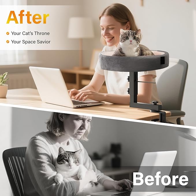 Cat Bed for Desk – Adjustable Metal Cat Bed with Headphone Holder, Scratch-Resistant Pet Shelf for Small Spaces, Modern Desk Cats Perch for Home/Office - Gray