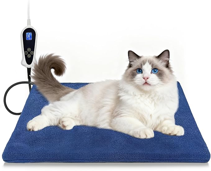 Bestio Cat Heating Pad, 18×18 in Heated Blanket with Intelligent Constant Temperature Switch and Metal Protective Tube, with A Plush Cotton Sleeve-Blue