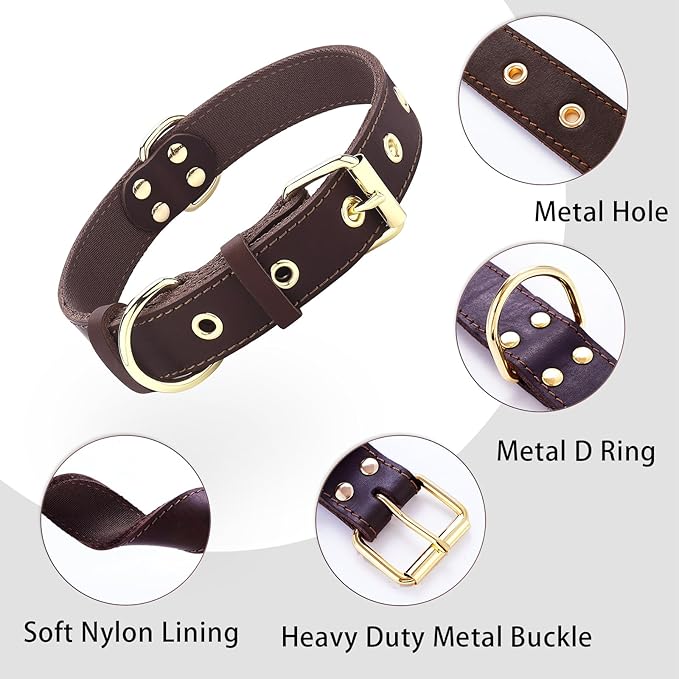 Dog Collar, Leather Dog Collar with Adjustable Sturdy Metal Buckle,Heavy Duty Dog Collar for Walking, Hiking, Training, Hunting (Brown,L:18.6"-25.8" Neck)