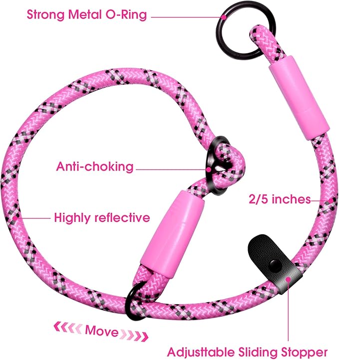 Detachable 2/5" Slip Lead, 4FT 6FT 8FT with Comfortable Silicone Handle Strong Rope Leash for Large Medium Small Dogs No Pull Highly Reflective Pet Training Leash (Pink-Black, 4FT)