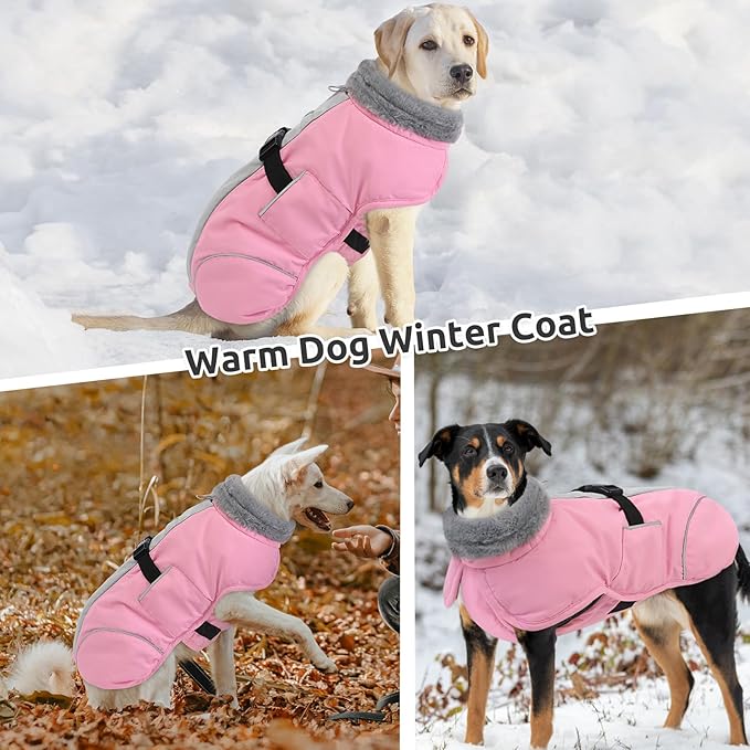 Queenmore Dog Jackets for Large Dogs, Fleece Dog Coats, Windproof Winter Large Breeds Jacket Winter, Reflective Pet Jackets, Pink, XXXL