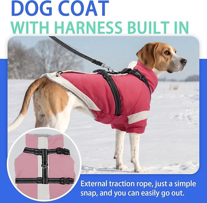MIGOHI Dog Coat with Harness Built in, 2-in-1 Thermal Dog Jacket, Reflective Snowsuit for Large Dogs, Fleece Lined with Turtleneck, Adjustable Buckle Coats, Border Collies, Pink, XL