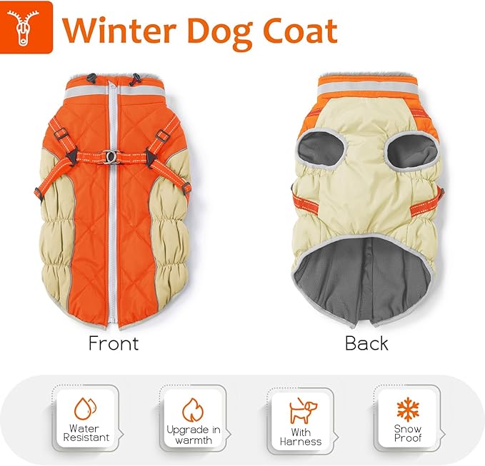 Dog Winter Coat with Harness, Dog Jacket, Pet Clothes with Zipper on Back, Waterproof Windproof Warm Vest, Reflective Cold Weather Coats, for Small Medium Large Dogs, Thick, Orange, XS