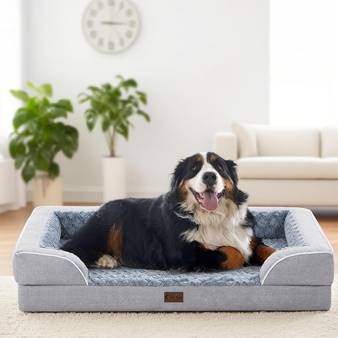 Orthopedic Dog Beds for Extra Large Sized Dogs, Waterproof Memory Foam XL Pet Bed with Sides 42x30Inch, Non-Slip and Egg-Crate Foam Big Dog Couch Bed with Removable Washable Cover, Light Grey