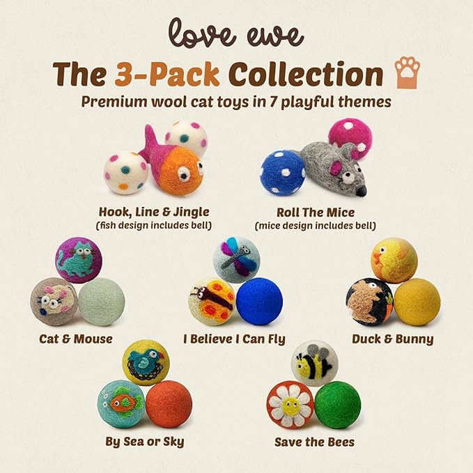 Hustle & Blush Wool Felt Balls - 3 Pack Love Ewe Pet Supplies – 2in Colorful & Durable Cat Toys Handmade from New Zealand, Ideal for Indoor Play and Mental Stimulation – Fish & Bird Design