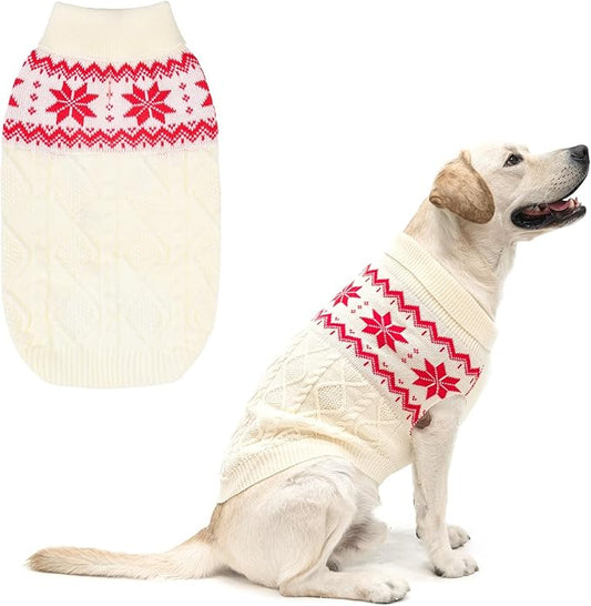 Warm Winter Pink Dog Sweater - Cold Weather Pet Clothes for Small Medium Large Dogs Indoor Outdoor, Soft Classic Knit Puppy Apparel Coat, White, XL