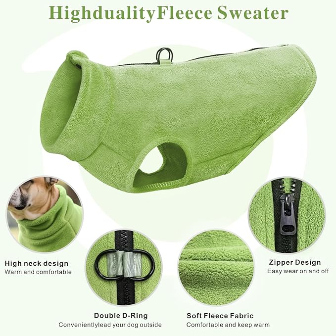 Idepet Dog Fleece Vest Sweater Zip Up Warm Pullover Dogs Jacket with D-Ring Leash Winter Cold Weater Coat Pet Sweatershirt Clothes Hoodie for Small Medium Dogs Boy Girl(Green,XS)