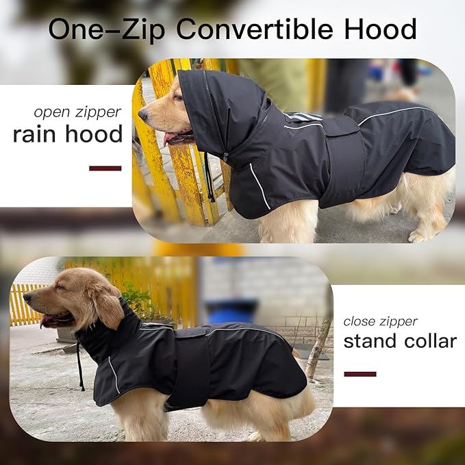 Dog Raincoat, Waterproof Dog Rain Jacket with Convertible Hood/Collar, Adjustable Belly-Protect Rain Coat for Meidum Dogs Poncho Reflective (Black, M)