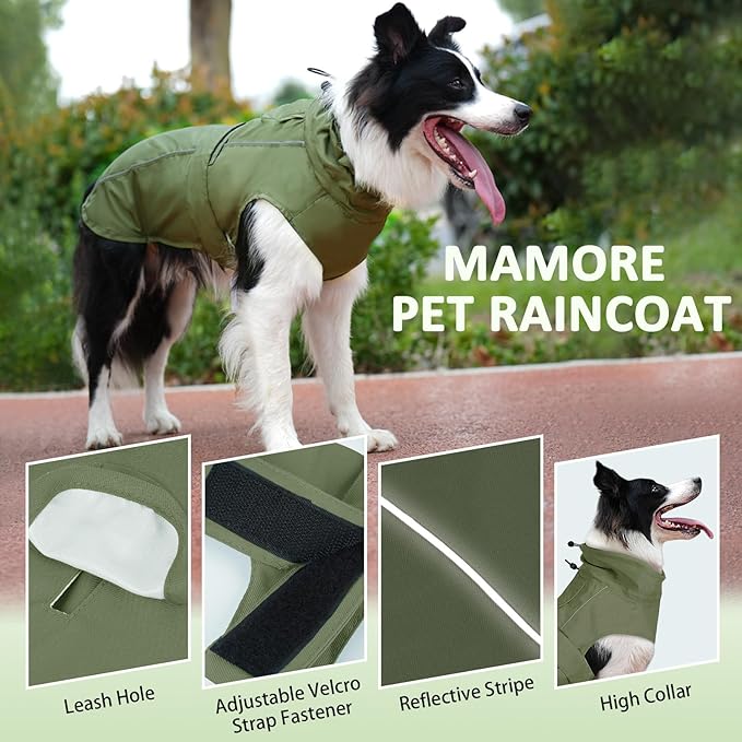 Waterproof Dog Raincoat, Adjustable Lightweight Dog Rain Jacket with Reflective Strip Leash Hole for Small Medium Large Dogs (Green, Medium(13-22lb))