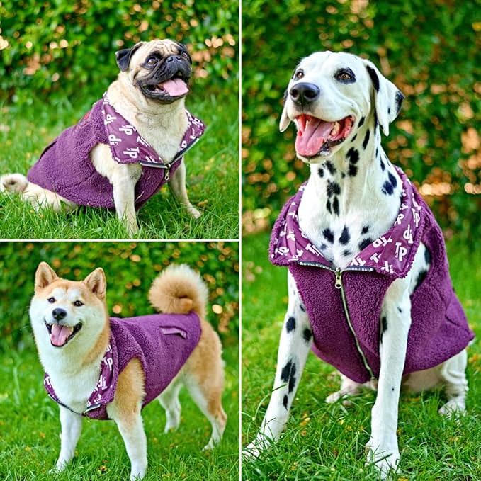 Tuff Pupper Reversible Fleece Sweater Vest for Dogs | Lightweight Comfortable Insulated Jacket | Front Zip Closure | Machine Washable | Built-in Leash Hole | Sizes for All Breeds (Small, Purple)