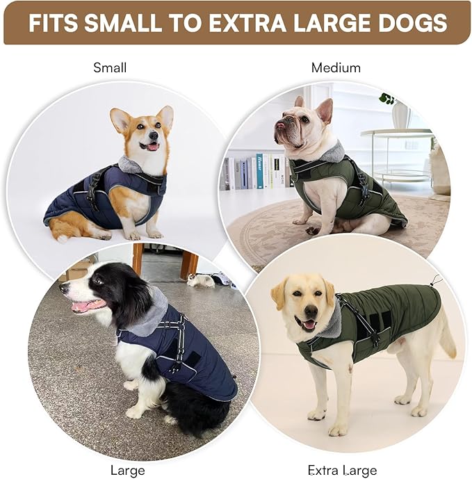 Queenmore Dog Coats for Large Dogs Winter Waterproof with Harness Built-in, Pet Puffer Warm Jacket with Harness for Snow/Cold Weather for Large Breed - Fleece Lining Easy-on Reflective, Green L