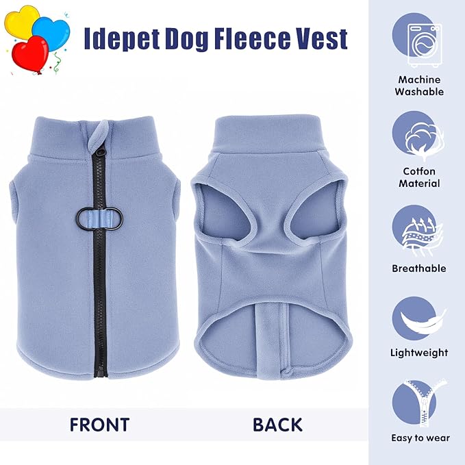 Idepet Dog Fleece Vest Sweater Zip Up Warm Pullover Dogs Jacket with D-Ring Leash Winter Cold Weater Coat Pet Sweatershirt Clothes Hoodie for Small Medium Dogs Boy Girl(Sky Blue,XS)