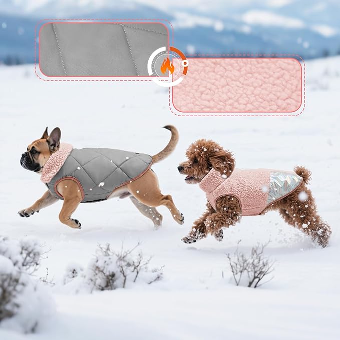 EMUST Warm Dog Jacket, Cozy Dog Fleece Coat with Leash Hole, Waterproof Reversible Winter Coats for Small Dogs, Pink, XS