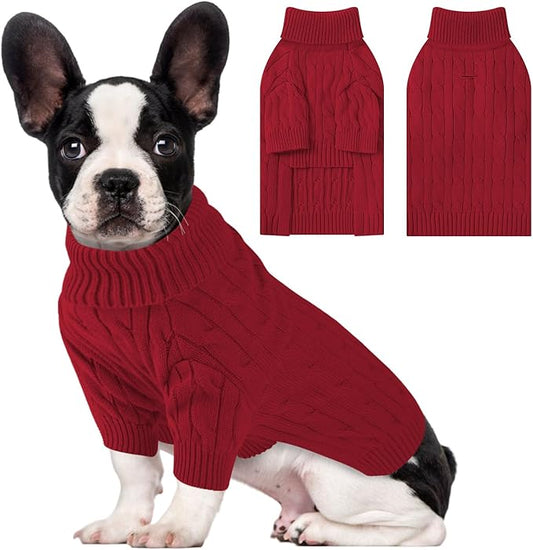 Small Dog Thermal Pullover Sweater, Classic Turtleneck Cable Knitwear Dog Clothes for Cold Weather Warm Pet Clothes for Chihuahua, Bulldog, Dachshund, Pug Red Small