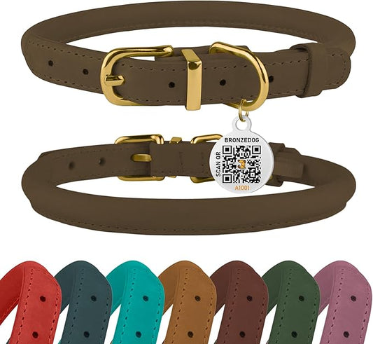 BronzeDog Rolled Leather Dog Collar with QR ID Tag, Adjustable Soft Round Collars for Small Medium Large Dogs Puppy (11" - 14 1/2" Neck Size, Nut Brown)