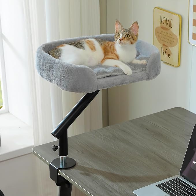 PAWZ Road Cat Desk Bed for Indoor Cats, Cat Bed for Desk Supports Up to 50 lbs, 360° Rotation & Adjustable, Nest Desktop Attachment Cats Hammock for Table, Gray