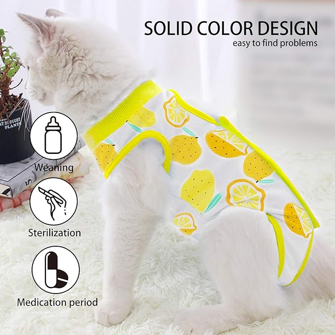 Cat Professional Surgical Recovery Suit,E-Collar Alternative for Cats Dogs,After Surgery Wear, Pajama Suit,Home Indoor Pets Clothing (M (6-8 1bs), Lemon)