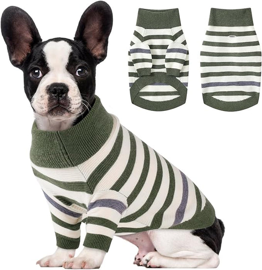 Small Dog Sweater, Knitted Striped Pullover Dog Clothes for Cold Weather, Thick Warm Cozy Stretchy Sweater for Chihuahua, Bulldog, Dachshund, Pug(Green & White Strip, XL)